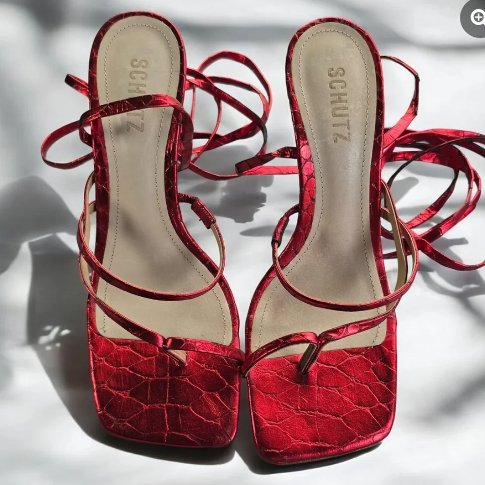 Schutz Krist Red Metallic Croc Embossed Leather Tie Up Wrap Heels Size 8🔥